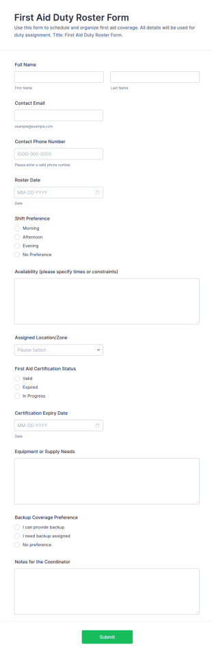 First Aid Duty Roster Form Template