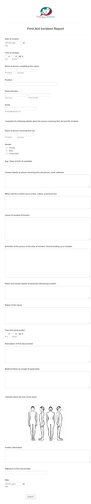 First Aid Incident Report Therapy Matters Form Template