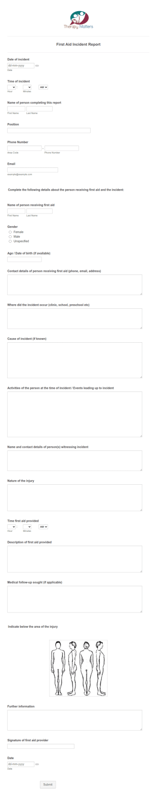First Aid Incident Report Therapy Matters Form Template