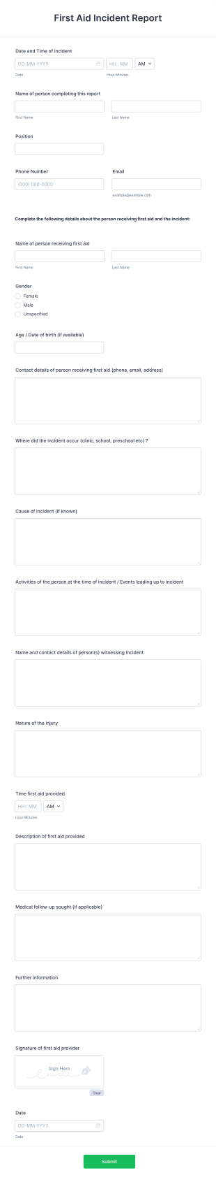 First Aid Incident Report Form Template