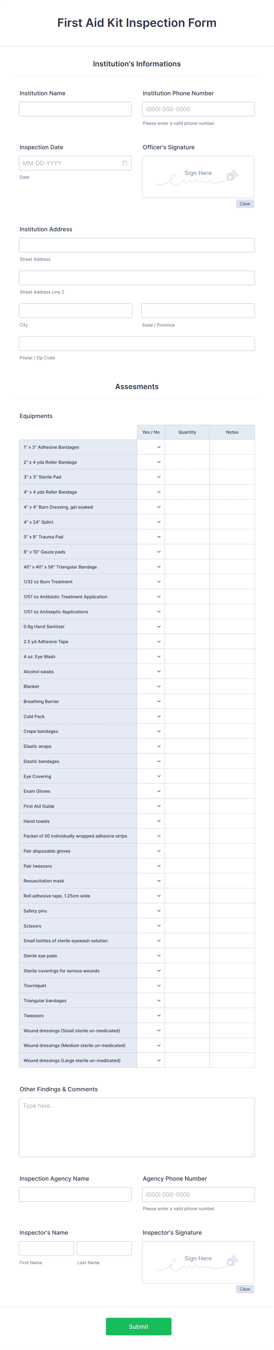 First Aid Kit Inspection Form Template Jotform