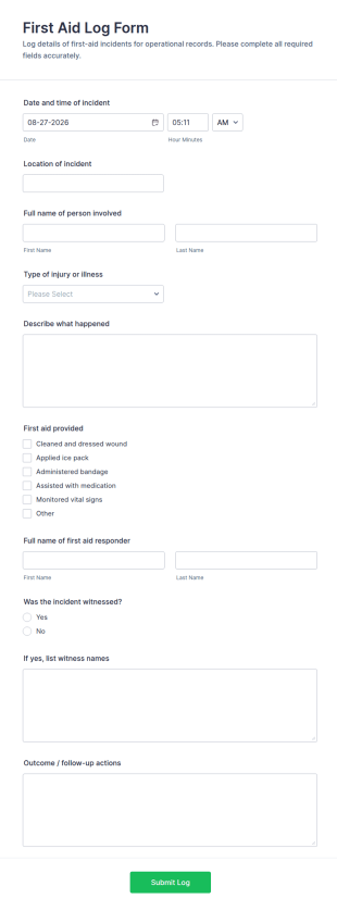 First Aid Log Form Template