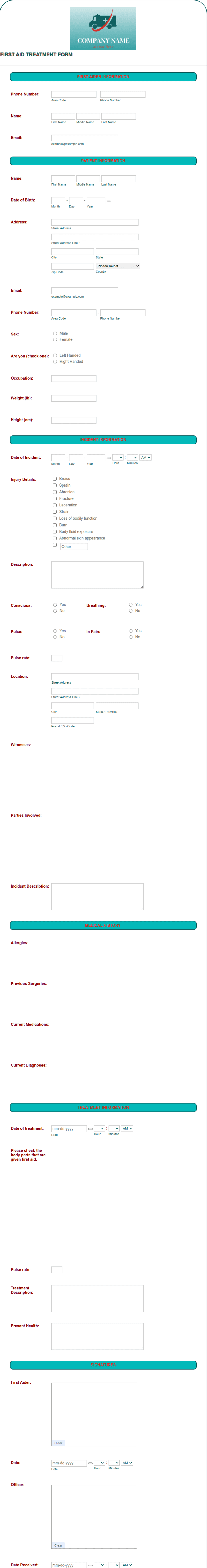 First Aid Treatment Form Template | Jotform