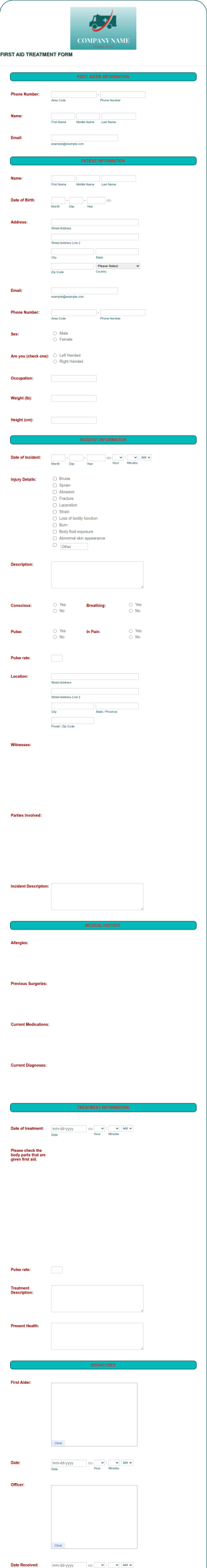 First Aid Treatment Form Template