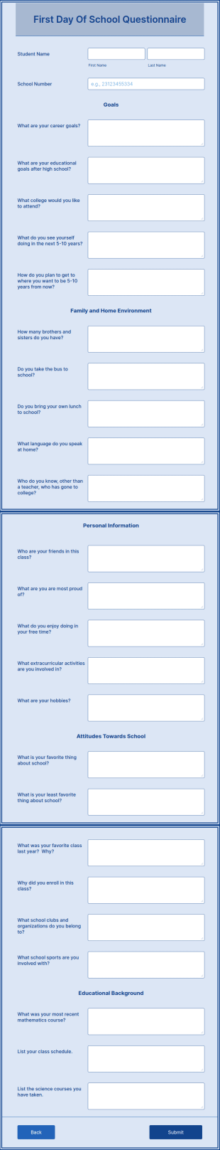 First Day Of School Questionnaire Form Template
