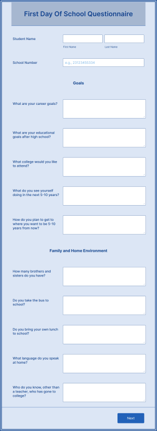 First Day Of School Questionnaire Form Template