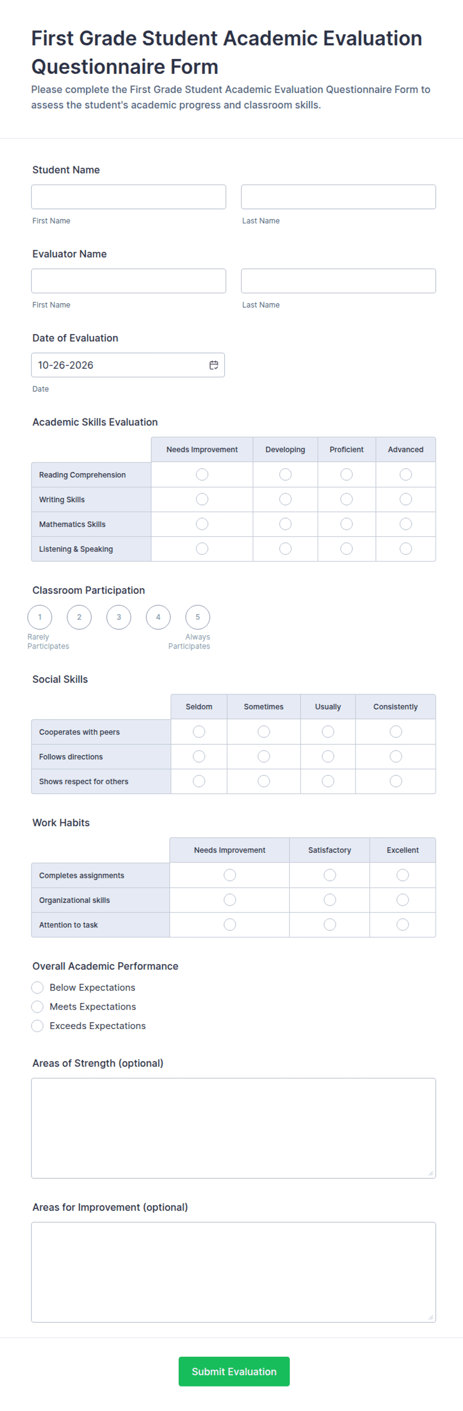 First Grade Student Academic Evaluation Form Template | Jotform