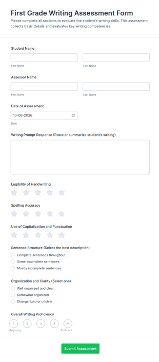 First Grade Writing Assessment Form Template