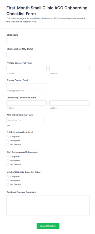 First Month Small Clinic ACO Onboarding Checklist Form Template