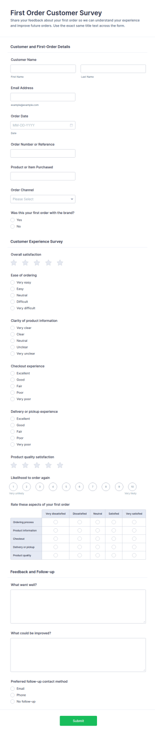 First Order Customer Survey Form Template