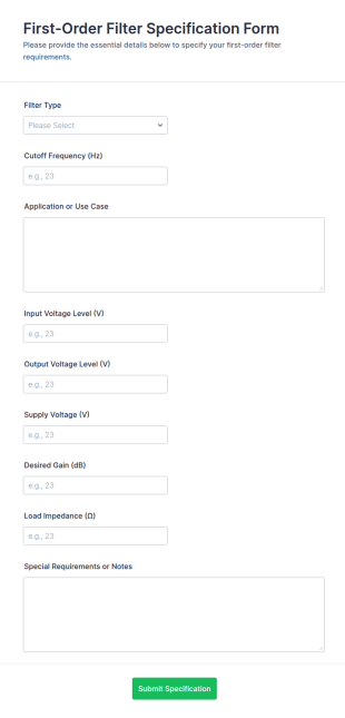 First Order Filter Specification Form Template