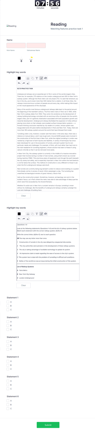 Matching Features Practice Task Form Template