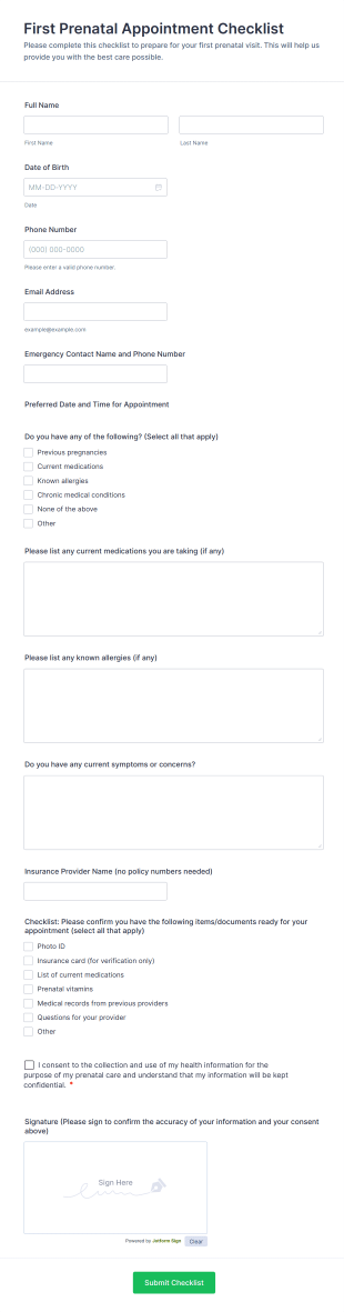 First Prenatal Appointment Checklist Form Template