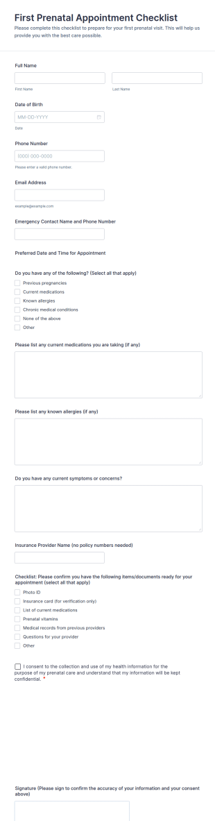 First Prenatal Appointment Checklist Form Template