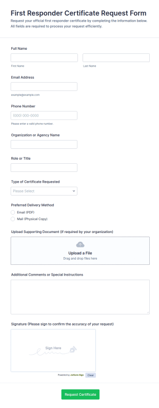 First Responder Certificate Request Form Template