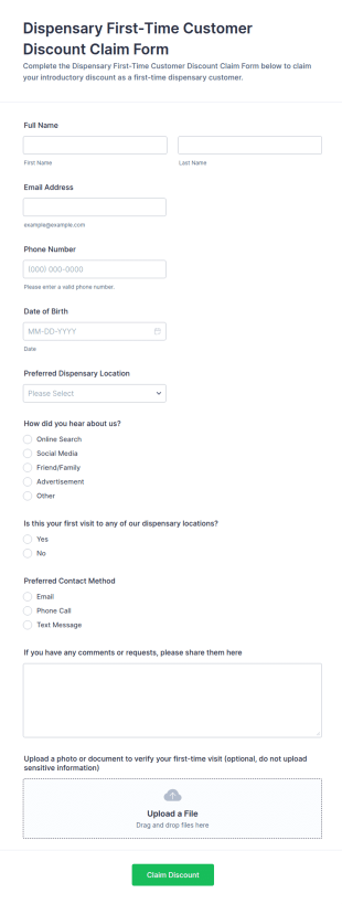 First Time Customer Discount Claim Form Template