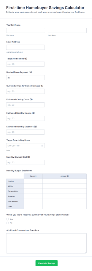 First Time Homebuyer Savings Calculator Form Template