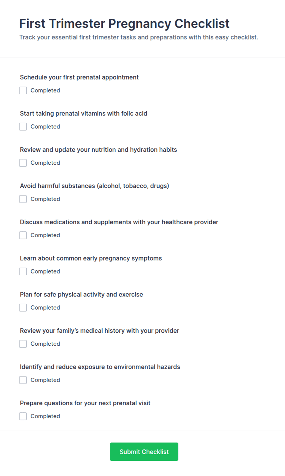First Trimester Pregnancy Checklist Form Template | Jotform