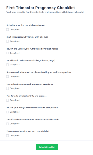 First Trimester Pregnancy Checklist Form Template