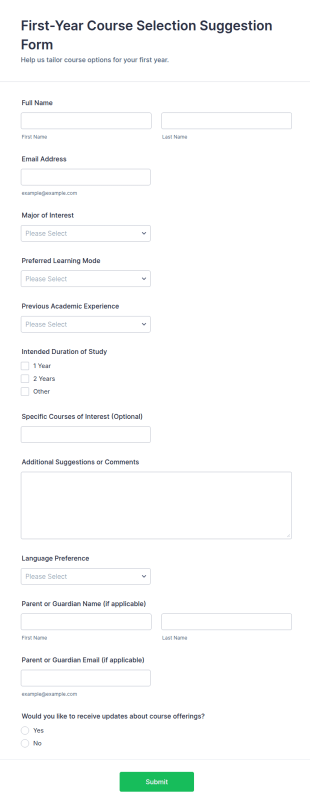 First Year Course Selection Suggestion Form Template
