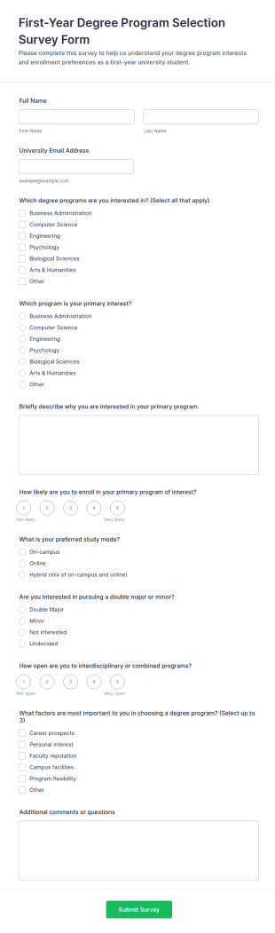 First Year Degree Program Selection Survey Form Template