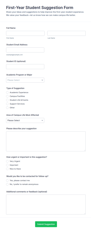 First Year Student Suggestion Survey Form Template