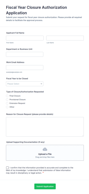 Fiscal Year Closure Authorization Application Form Template