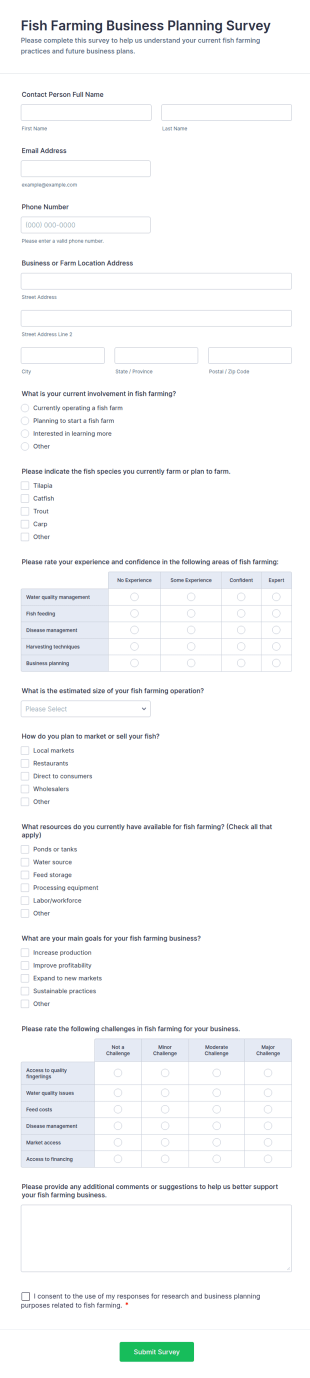 Fish Farming Business Planning Survey Form Template
