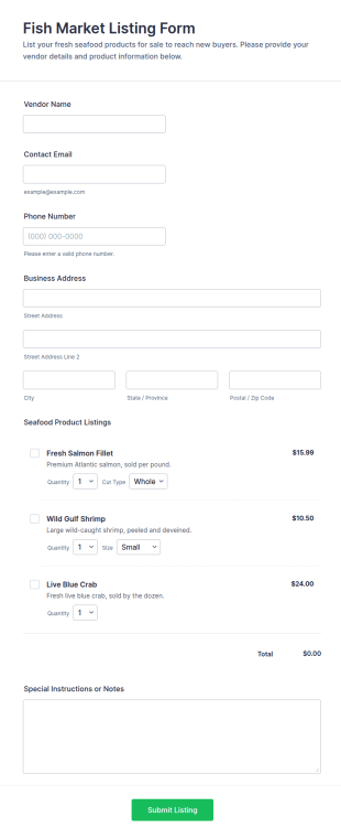 Fish Market Listing Form Template