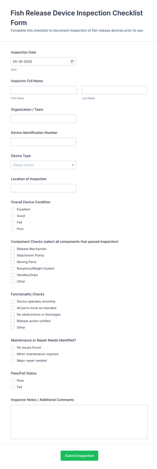 Fish Release Device Inspection Checklist Form Template