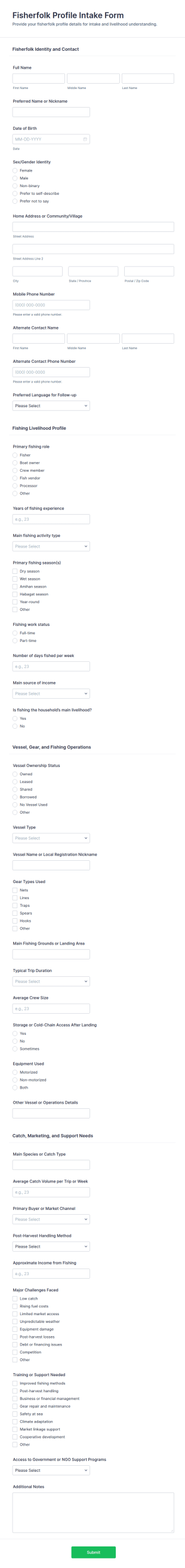 Fisherfolk Profile Intake Form Template