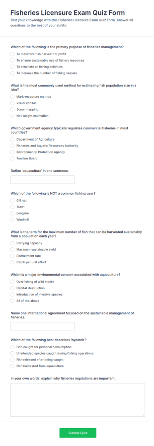 Fisheries Licensure Exam Quiz Form Template