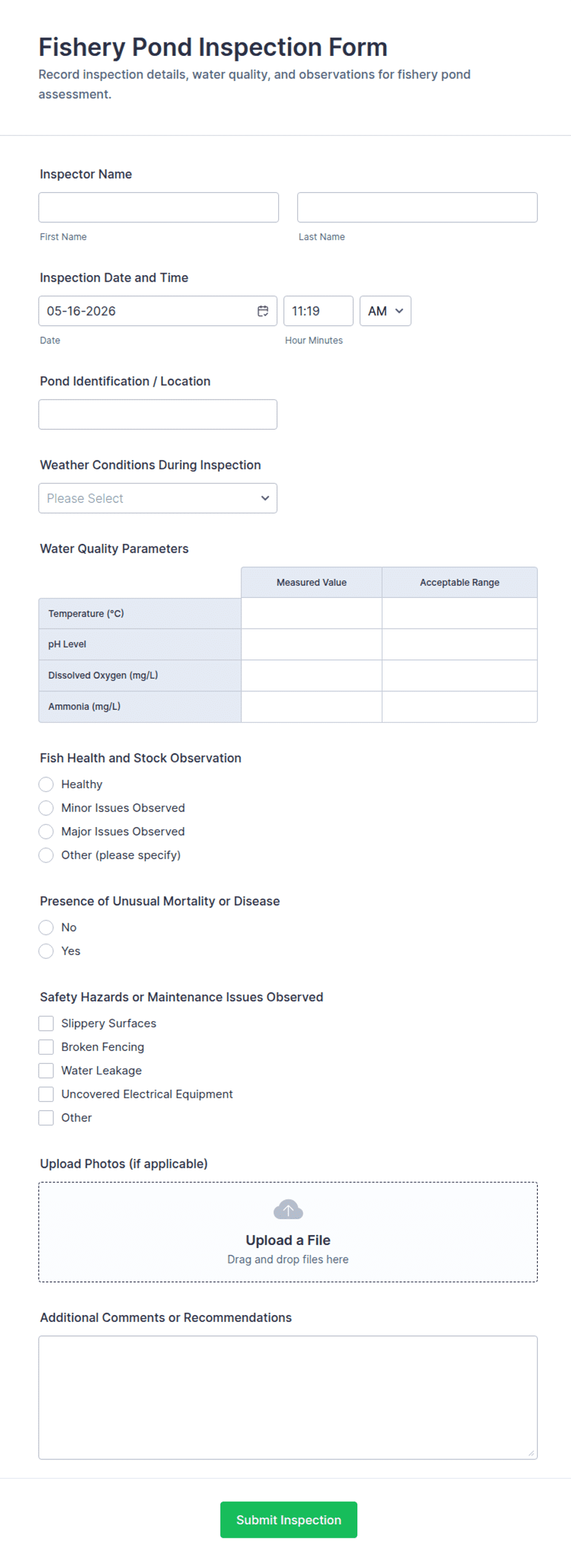 Fishery Pond Inspection Form Template | Jotform