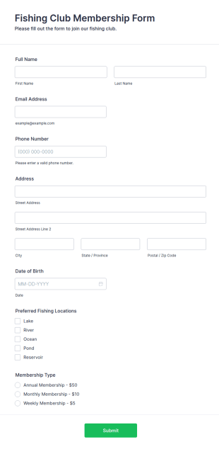 Fishing Club Membership Form Template
