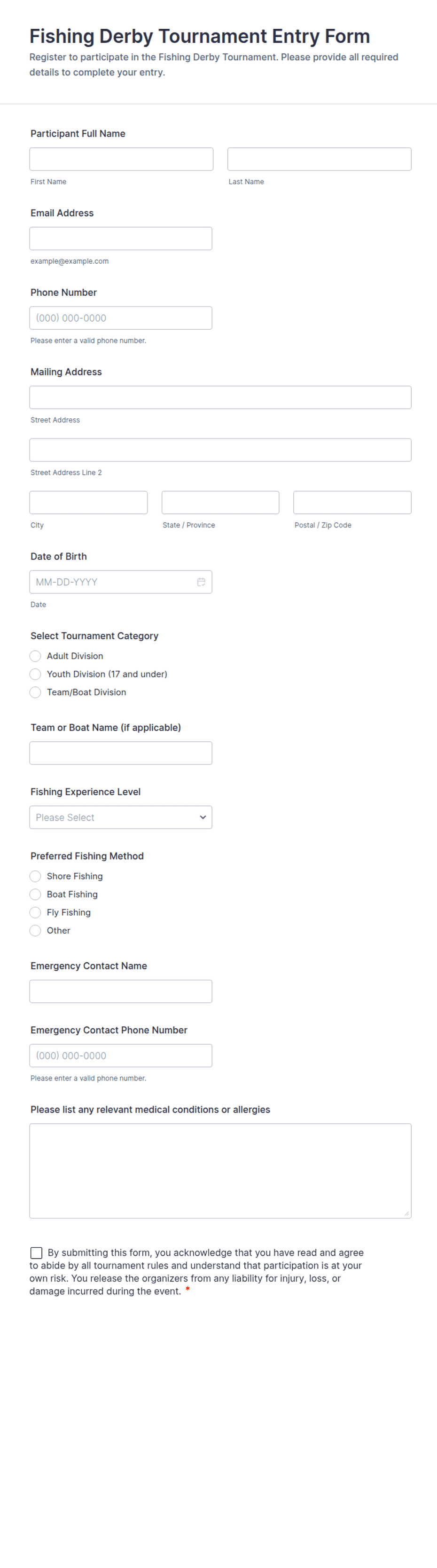 Fishing Derby Tournament Entry Form Template | Jotform