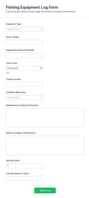 Fishing Equipment Log Form Template