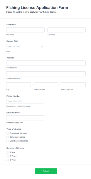 Fishing License Application Form Form Template