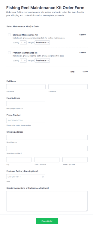 Fishing Reel Maintenance Kit Order Form Template