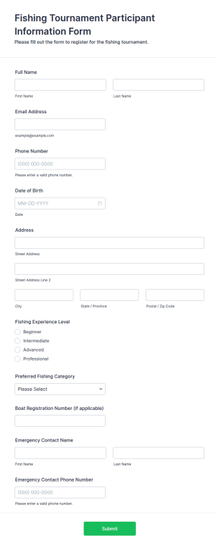 Fishing Tournament Participant Information Form Template