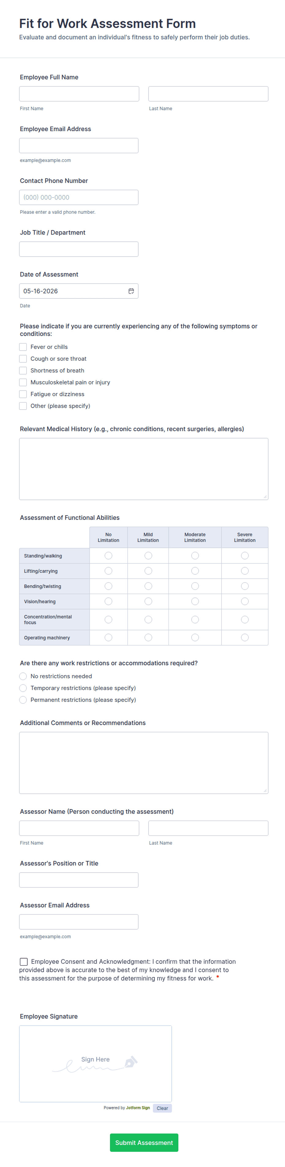 Fit for Work Assessment Form Template | Jotform