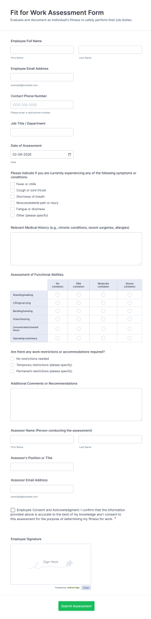 Fit For Work Assessment Form Template