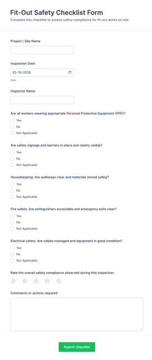 Fit Out Safety Checklist Form Template
