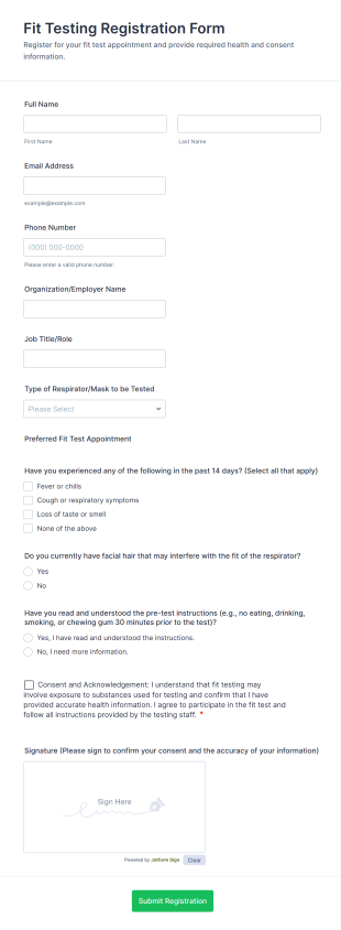Fit Testing Registration Form Template