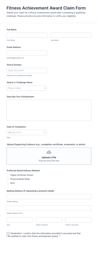 Fitness Achievement Award Claim Request Form Template