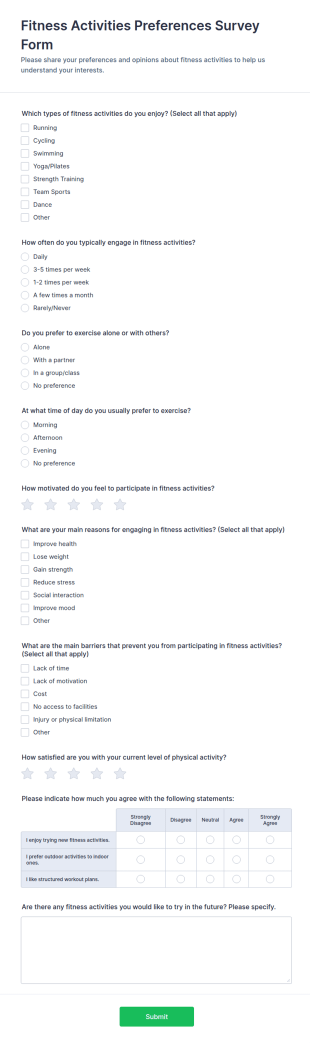 Fitness Activities Preferences Survey Form Template