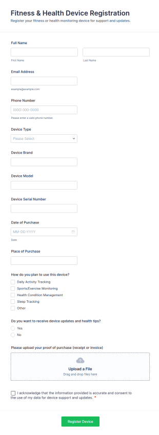 Fitness & Health Device Registration Form Template