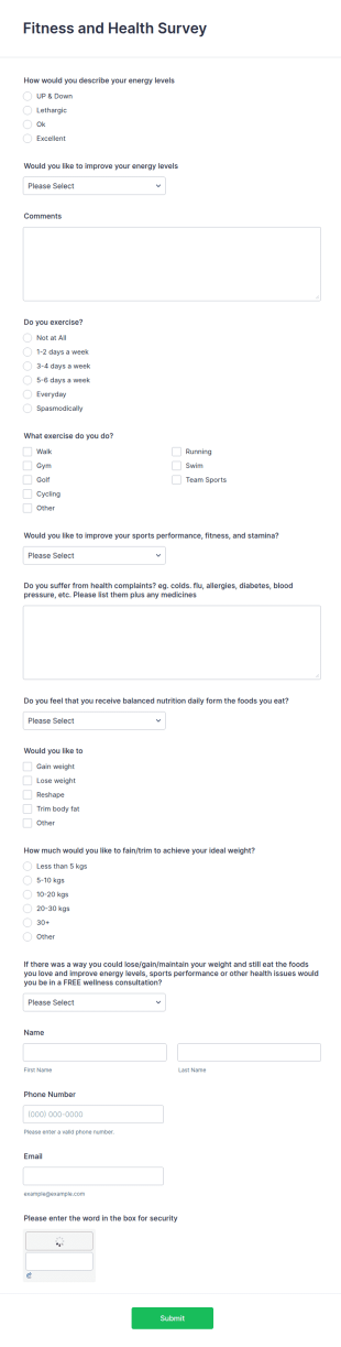 Fitness And Health Survey Form Template