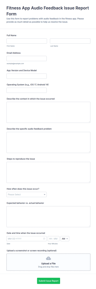 Fitness App Audio Feedback Issue Report Form Template