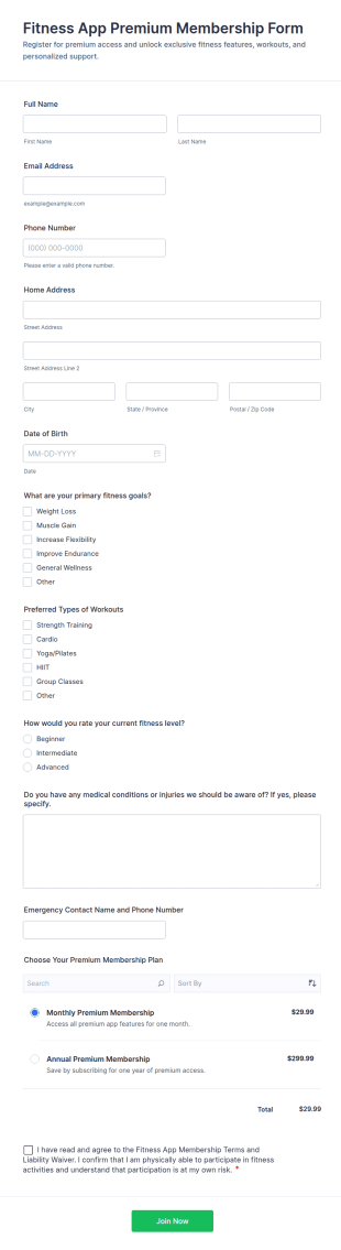 Fitness App Premium Membership Form Template