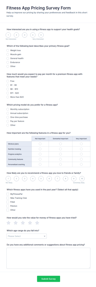 Fitness App Pricing Survey Form Template